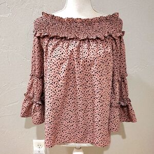 And The Why Pink Brown Spotted Smocked Neck Blouse Size Small Ruffle Sleeve